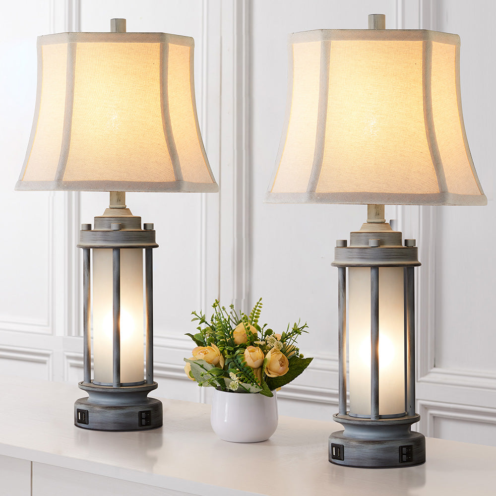 2Pc Belvoir Castle Table Lamps w. Night Light & USB, Gray Wash Metal+Glass, White Lampshade