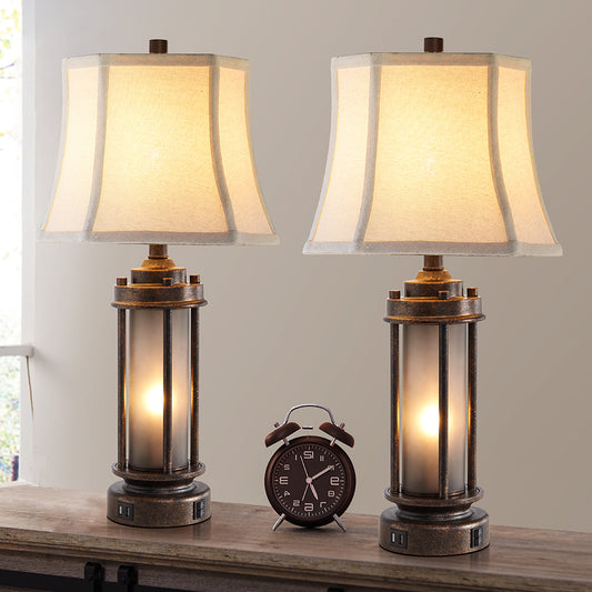 2Pc Belvoir Castle Table Lamps w. Night Light & USB, Bronze Metal+Glass, White Lampshade