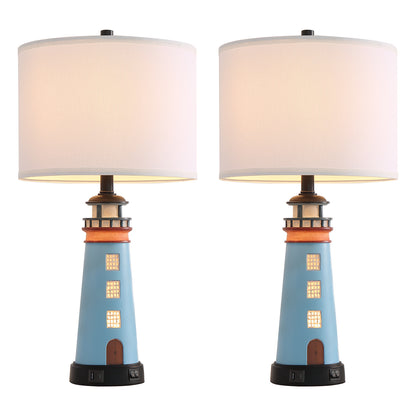 Set Of 2 Lighthouse Table Lamps With Night Light, Coastal Nautical Bedside Lamp With USB Ports & Free Bulbs, Blue Resin Base