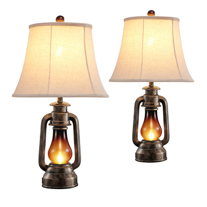 2Pc Kero Lantern Table Lamps w. Night Light & USB, Bronze Resin+Glass, White Lampshade