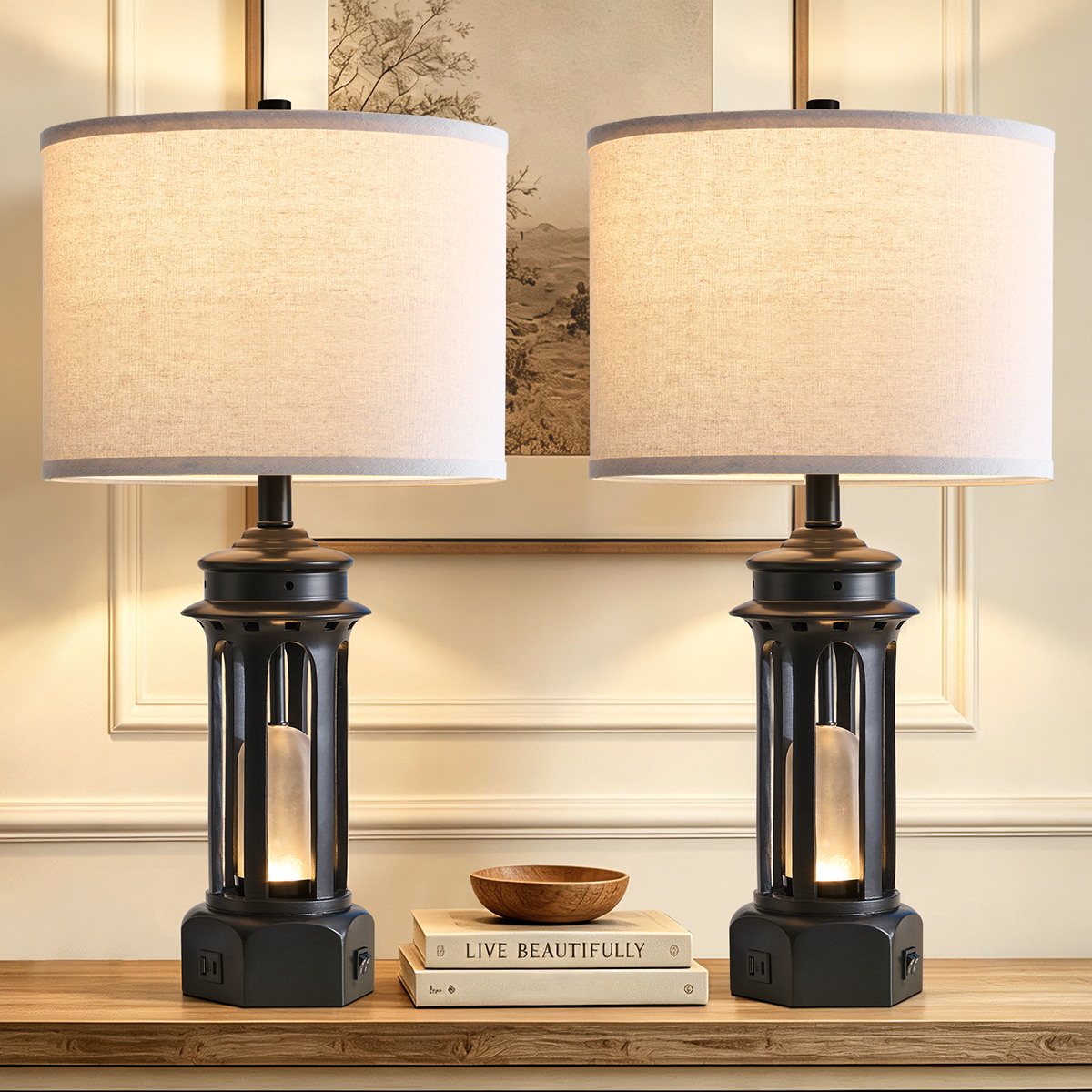 Rohopeto 27"Living room Table Lamps Set of 2,with USB A+C Ports,Dual-Switch Design,Built-in Smoked-Glass Nightlight,(Bulbs Included)Modern Bedroom Table Lamps