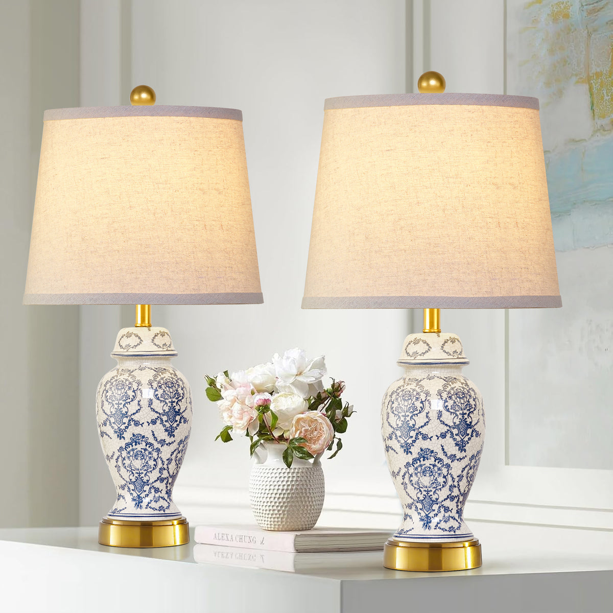RORIA 22"Blue and White Ceramic Table Lamps Set of 2,Traditional Chinese-Style Bedside Lamps, for Living Room and Bedside Tables in Bedrooms