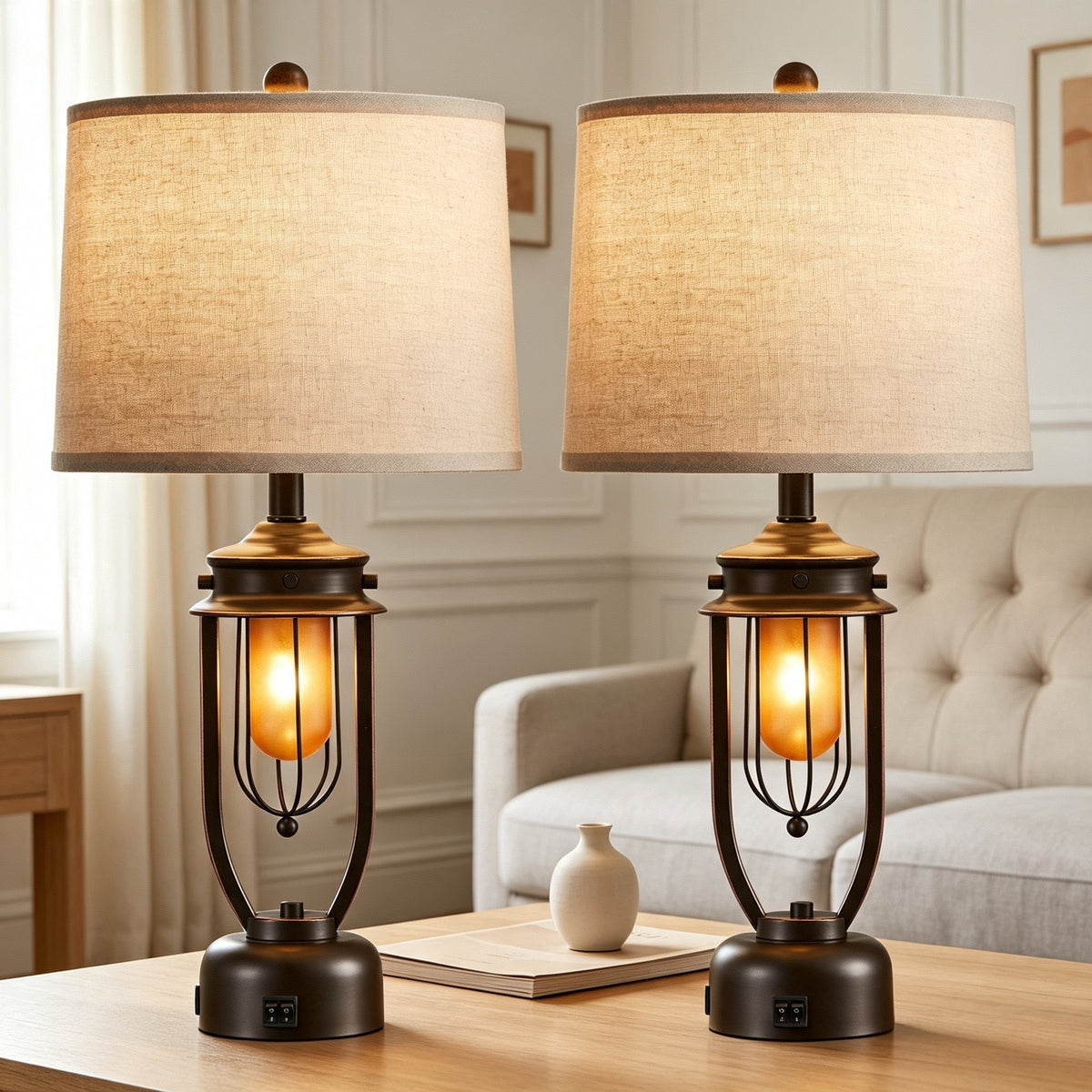Rohopeto 27"Living room Table Lamps Set of 2 with USB A+C Ports Built-in Frosted Smoked Glass Nightlight Bedside Nightstand Lamps Dual Switches Modern Bedroom Table Lamps （Bulbs Included