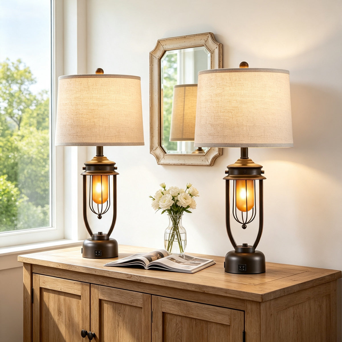 Rohopeto 27"Living room Table Lamps Set of 2 with USB A+C Ports Built-in Frosted Smoked Glass Nightlight Bedside Nightstand Lamps Dual Switches Modern Bedroom Table Lamps （Bulbs Included