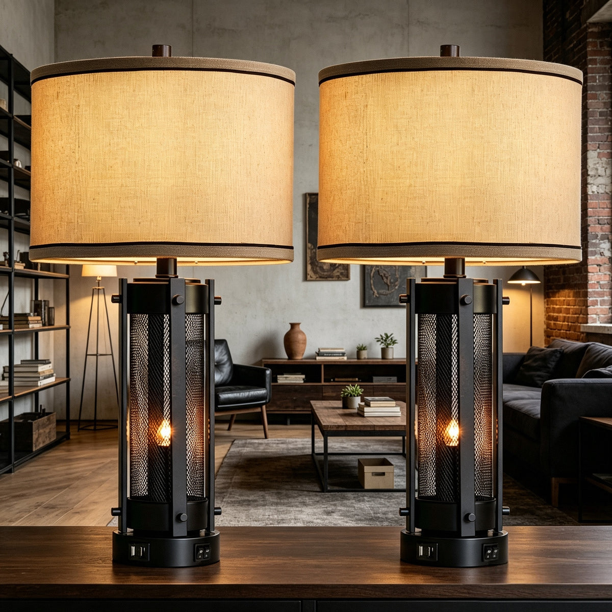 Rohopeto 25"Table Lamps Set of 2 with 2 USB Ports Black Industrial Style Double Switch Bedside Lamps for Living Room Bedroom,Nightlight (Bulbs Included)