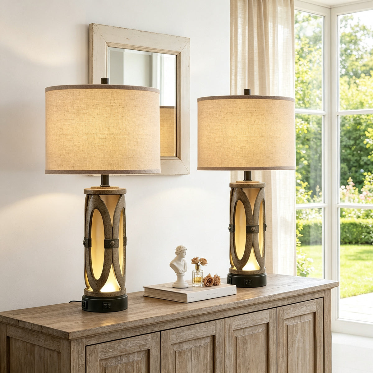 Rohopeto Table Lamps Set of 2 with USB A+C Ports Vintage Country Style 25"Bedside Nightstand Lamps Dual SwitchNightlight，Bedside Lamps for Living Room Bedroom（Bulbs Included）