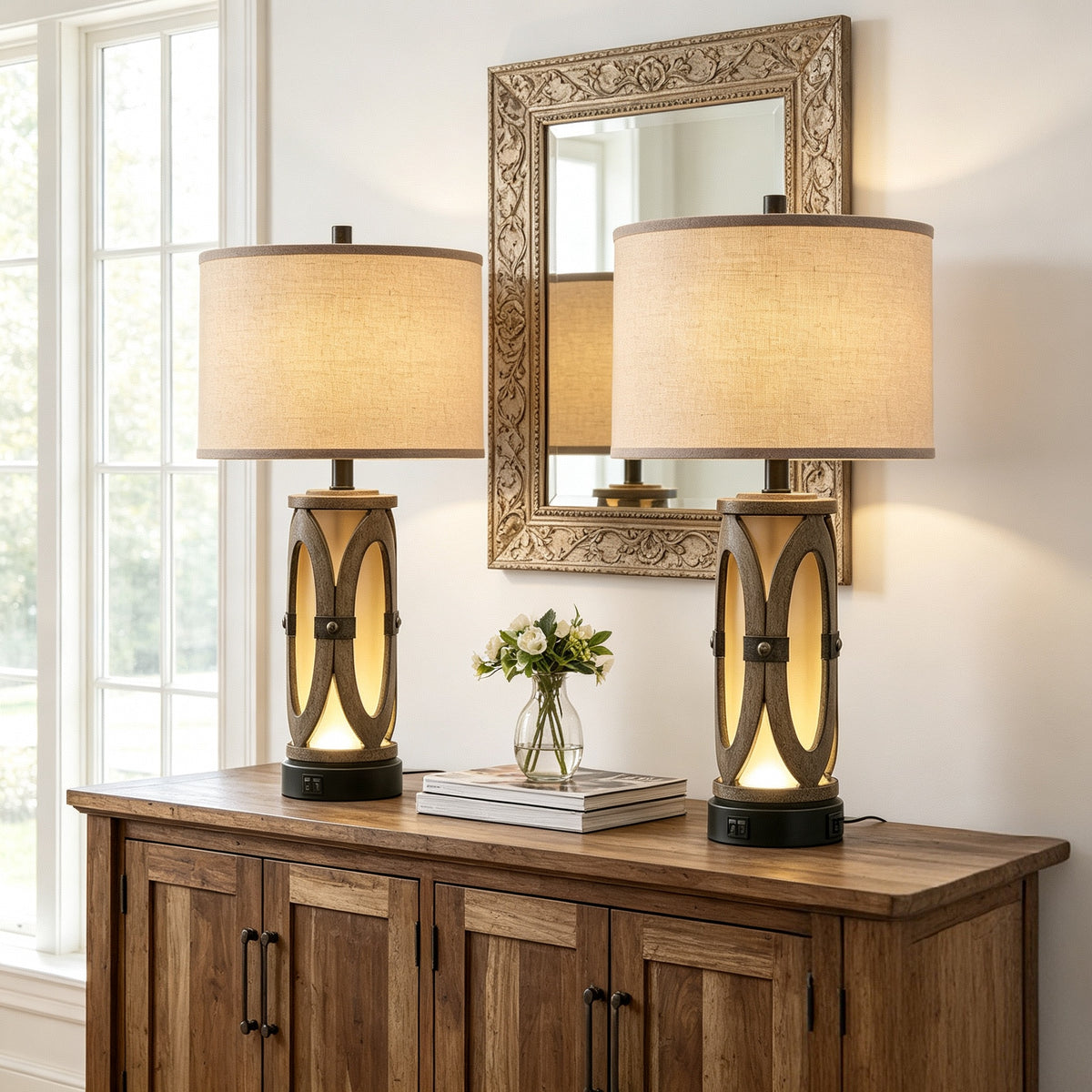 Rohopeto Table Lamps Set of 2 with USB A+C Ports Vintage Country Style 25"Bedside Nightstand Lamps Dual SwitchNightlight，Bedside Lamps for Living Room Bedroom（Bulbs Included）