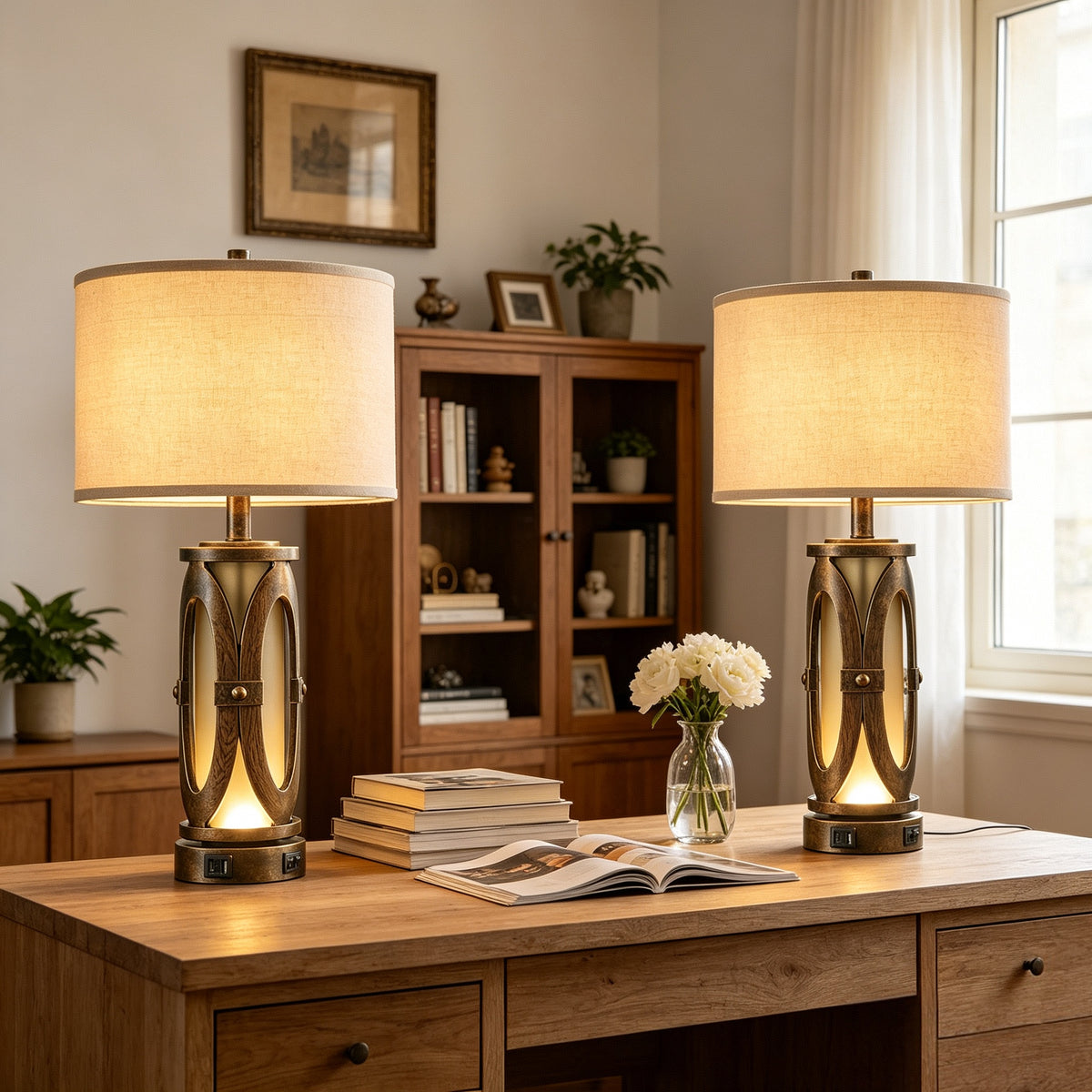 Rohopeto Modern Living room Table Lamps Set of 2 with 2 USB Ports Vintage Farmhouse Style 25"Bedside Nightstand Lamps Dual Switch Built-in Smoked Glass Nightlight for Bedroom Living Room（Bulbs Includ