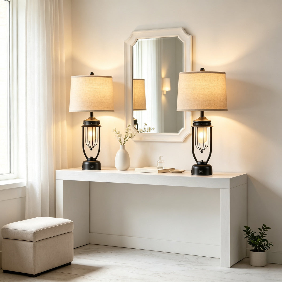 Rohopeto Living Room Table Lamps Set of 2, for Living Room and Bedroom Nightlight; 27" Bedside Table Lamps with USB-A and USB-C Ports and Dual Switches; White Linen Lampshade,（Bulb Included）