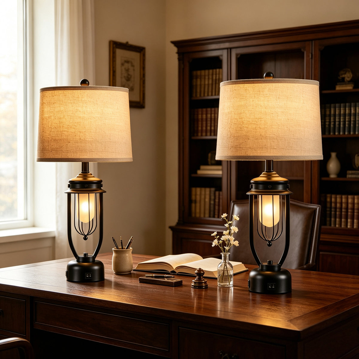 Rohopeto Living Room Table Lamps Set of 2, for Living Room and Bedroom Nightlight; 27" Bedside Table Lamps with USB-A and USB-C Ports and Dual Switches; White Linen Lampshade,（Bulb Included）
