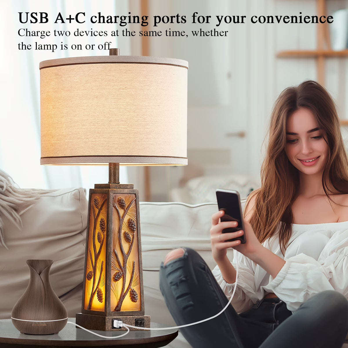 RORIA 25” Living Room Table Lamps Set of 2 With Dual USB Charging Ports and Night Light, Modern Farmhouse Style, Amber Resin Base, for Bedroom Bedside Lamps