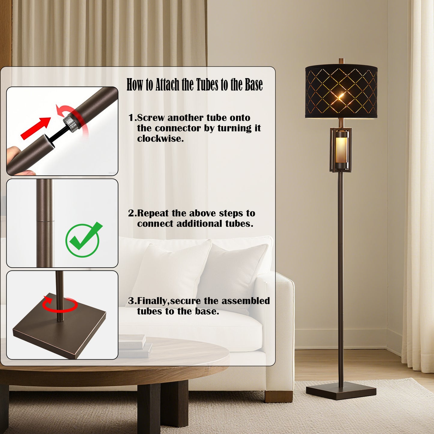 63'' Traditional Floor Lamp With Black Mesh Shade And Smoked Glass Night Light