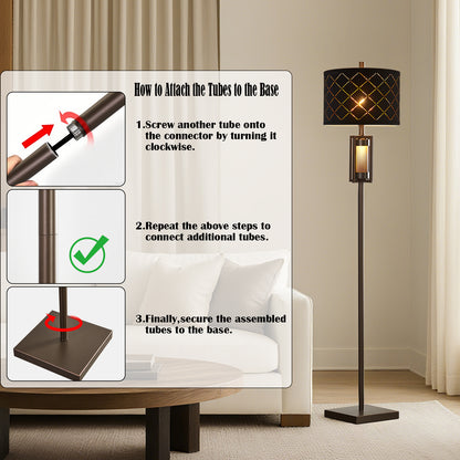 63'' Traditional Floor Lamp With Black Mesh Shade And Smoked Glass Night Light