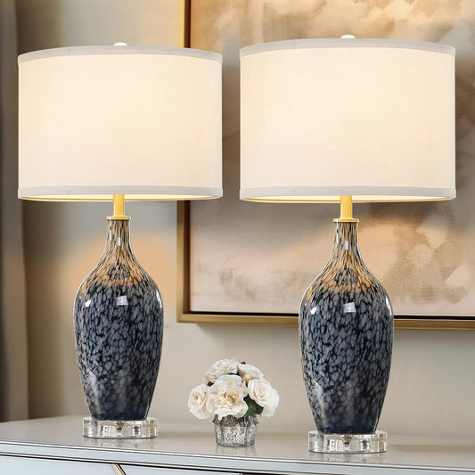 25.8"Bohemian Artisan Blue Leopard Glass Table Lamp with Crystal Base & Linen Shade Cord for Bedroom, Living Room, Office(set of 2)