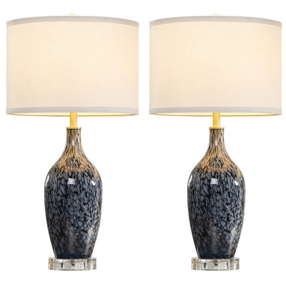 25.8"Bohemian Artisan Blue Leopard Glass Table Lamp with Crystal Base & Linen Shade Cord for Bedroom, Living Room, Office(set of 2)