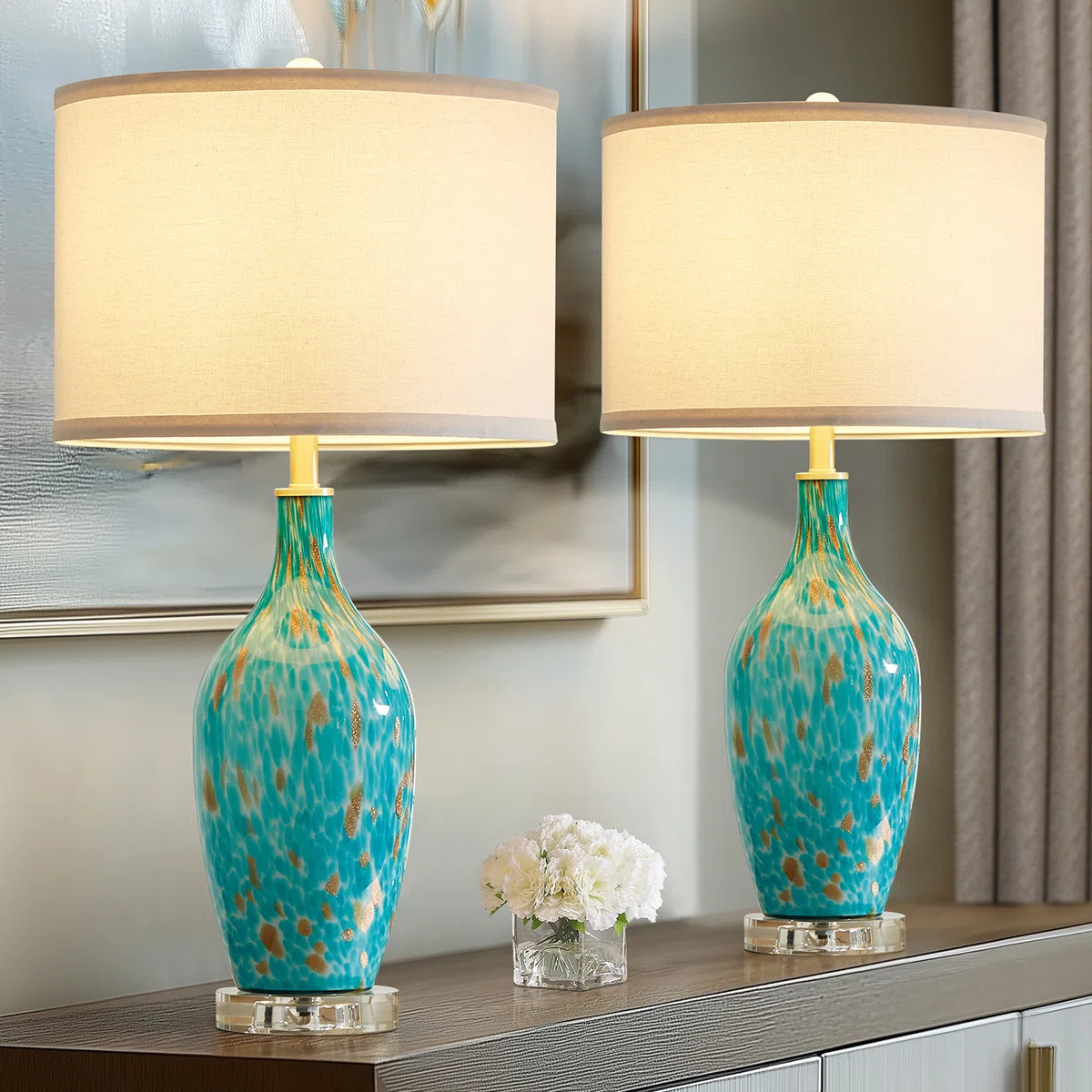 25.8"Turquoise Leopard Glass Table Lamp with Crystal Base with Free Bulb(set of 2)