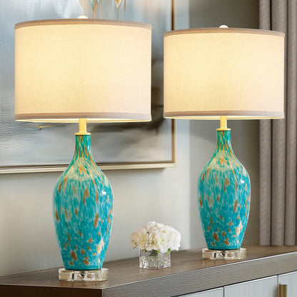 25.8"Turquoise Leopard Glass Table Lamp with Crystal Base with Free Bulb(set of 2)