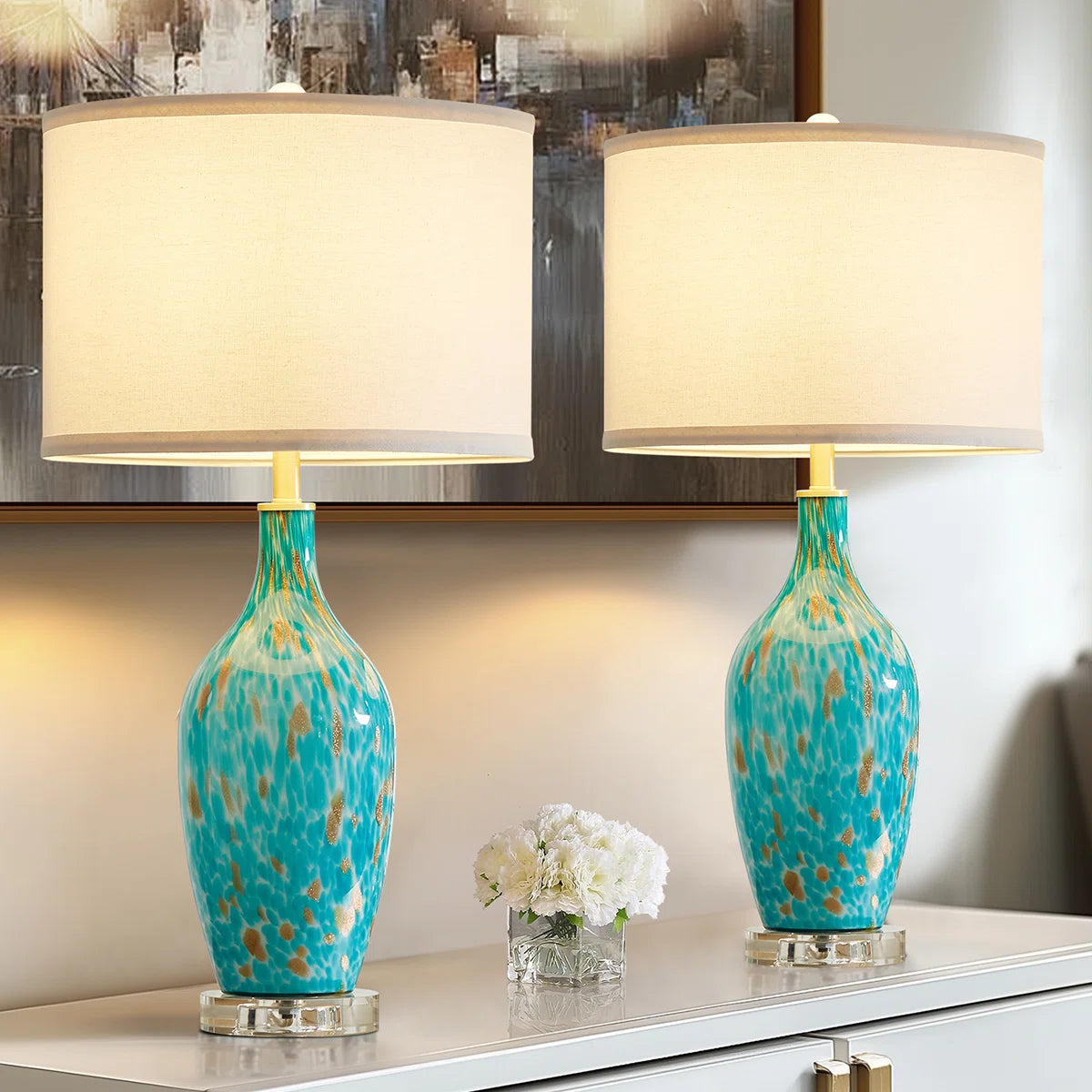 25.8"Turquoise Leopard Glass Table Lamp with Crystal Base with Free Bulb(set of 2)