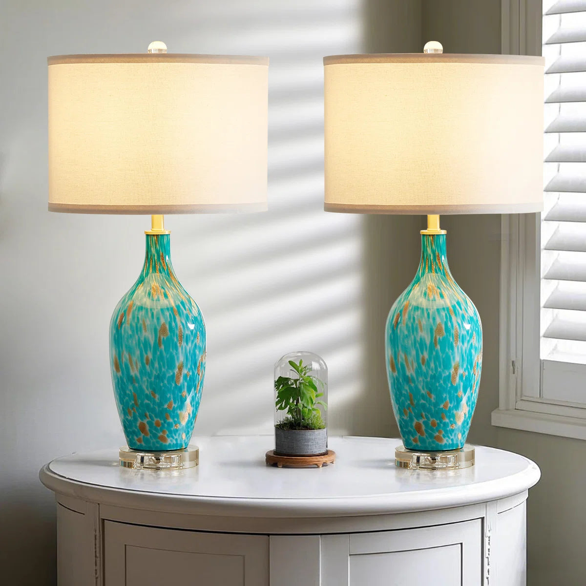 25.8"Turquoise Leopard Glass Table Lamp with Crystal Base with Free Bulb(set of 2)