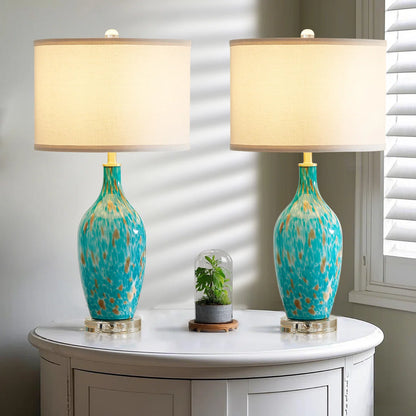 25.8"Turquoise Leopard Glass Table Lamp with Crystal Base with Free Bulb(set of 2)
