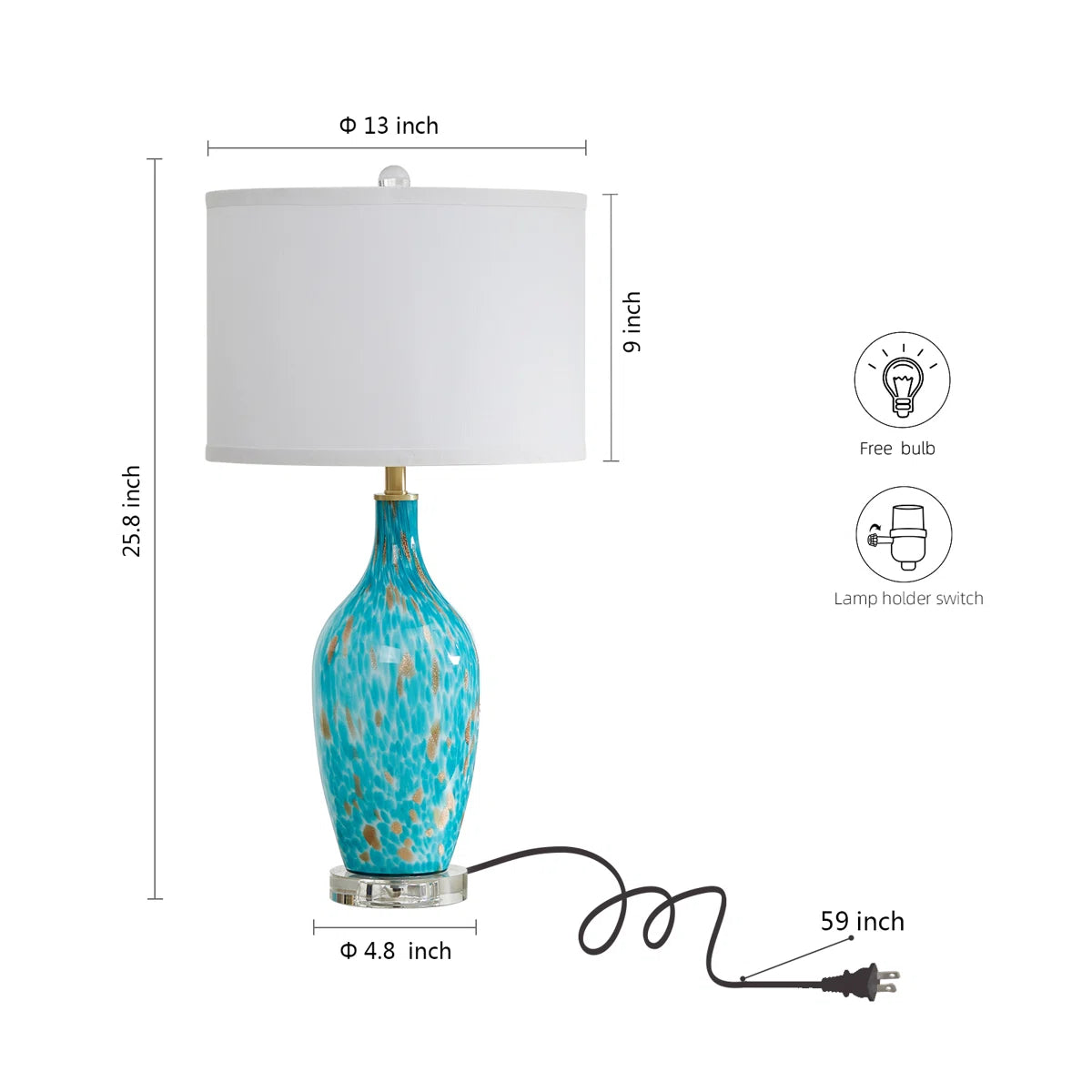 25.8"Turquoise Leopard Glass Table Lamp with Crystal Base with Free Bulb(set of 2)