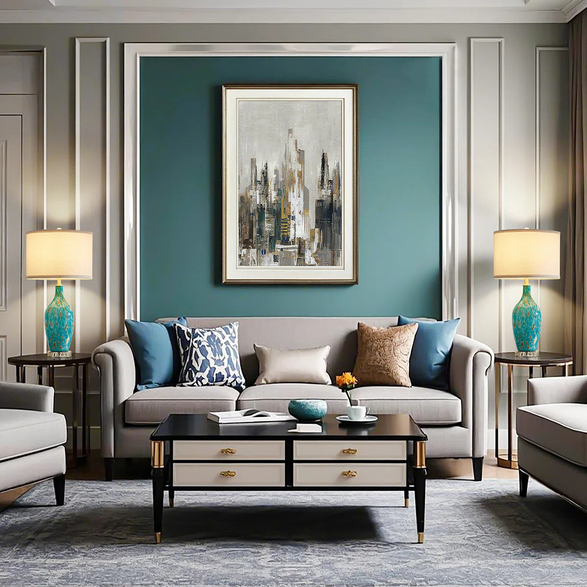 25.8"Turquoise Leopard Glass Table Lamp with Crystal Base with Free Bulb(set of 2)