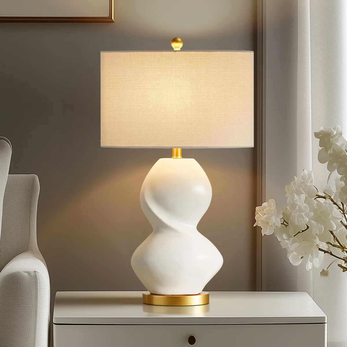 28.5"White Ceramic Gourd Table Lamp With Golden Base