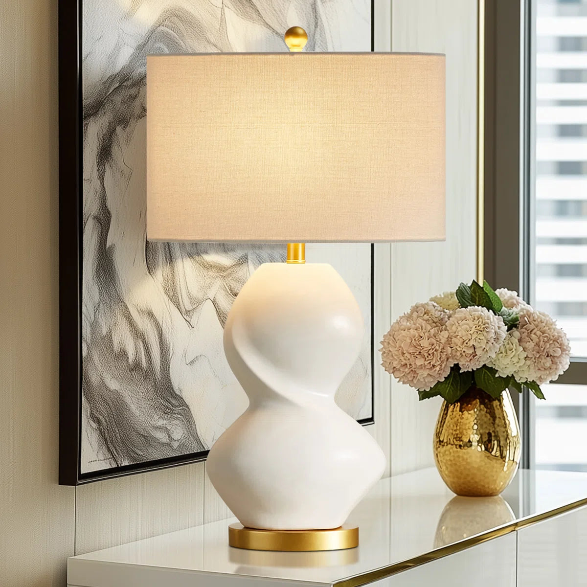 28.5"White Ceramic Gourd Table Lamp With Golden Base