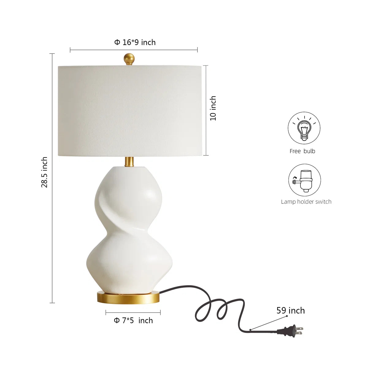 28.5"White Ceramic Gourd Table Lamp With Golden Base