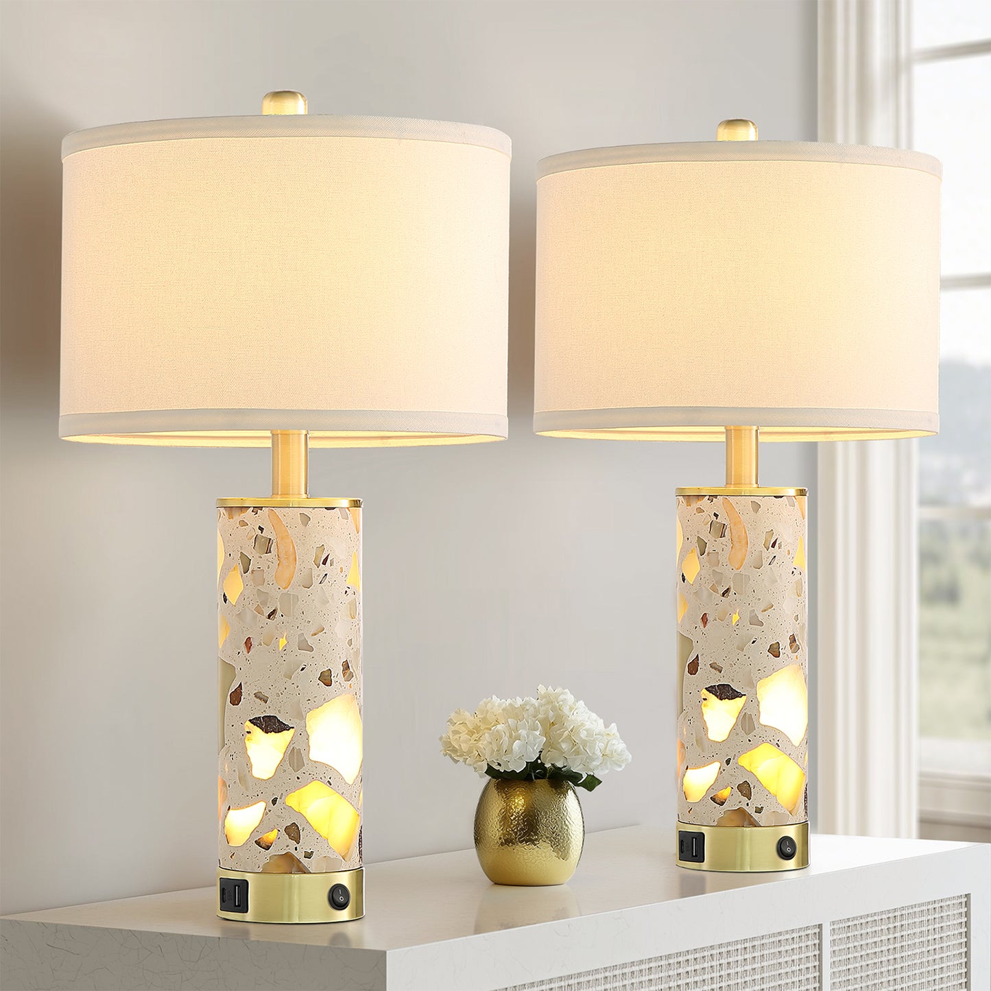 22.5″ Decorative Translucent Stone Table Lamps With Independent Night Light & Dual USB-A+C Charging Ports