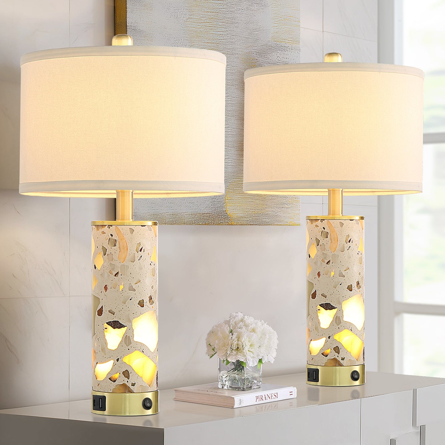 22.5″ Decorative Translucent Stone Table Lamps With Independent Night Light & Dual USB-A+C Charging Ports
