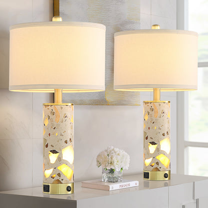 22.5″ Decorative Translucent Stone Table Lamps With Independent Night Light & Dual USB-A+C Charging Ports