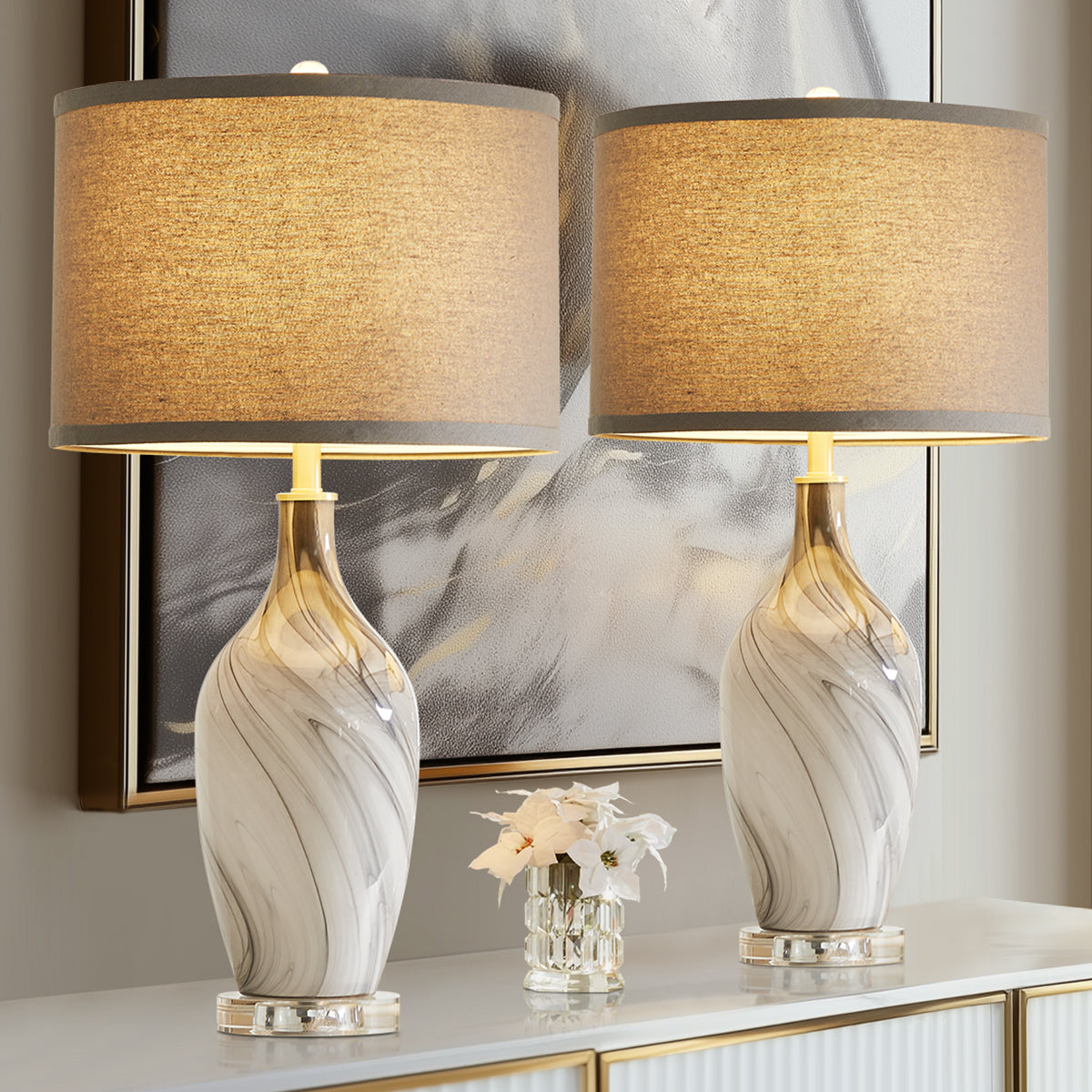 25.8"silky Gray Glass Table Lamp With Crystal Base (set Of 2)