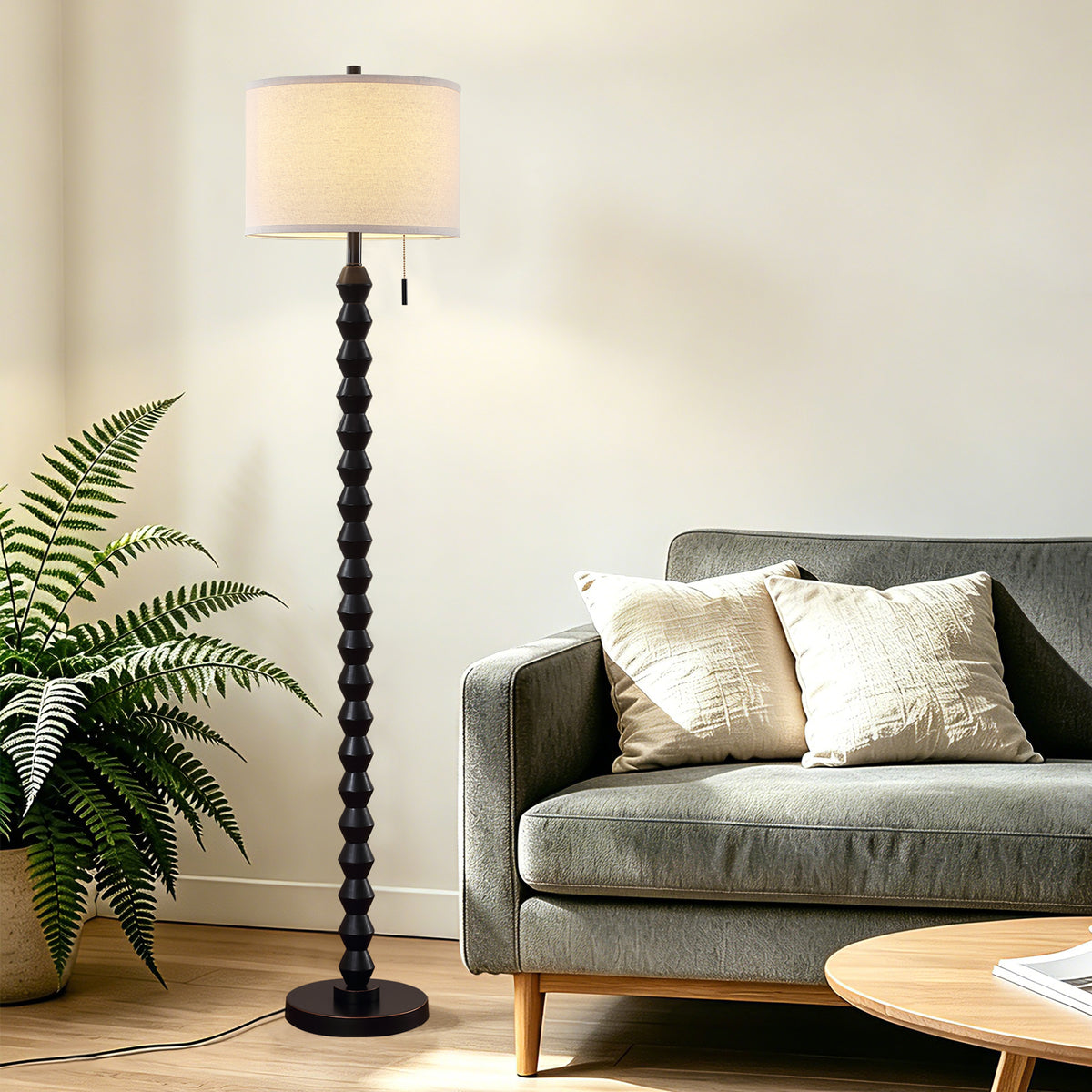 RORIA 65”Black Solid Wood Floor Lamp, with a Round Linen Shade and Pull Cord Switch,modern Standing Lamp,for Living Room, Bedrooms, and Offices（bulb included）