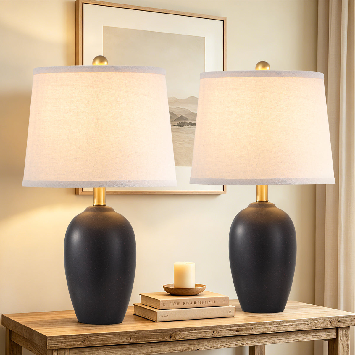 JUJUYUYOP 21" Vintage Black Ceramic Table Lamps Set of 2, Farmhouse-Style Bedside Lamp, for Living Room and Bedrooms (Bulbs Included)