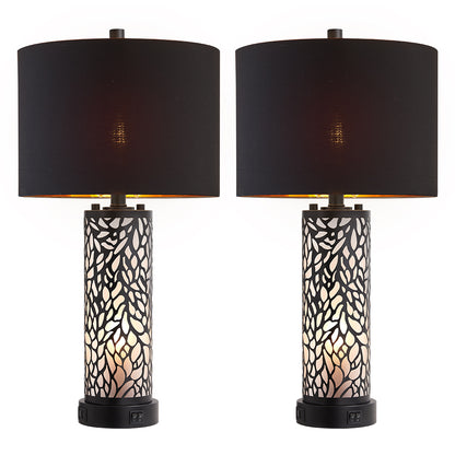 2Pc Geo Sculptural Table Lamps w. Night Light & USB, Black Metal+Glass, Black Lampshade