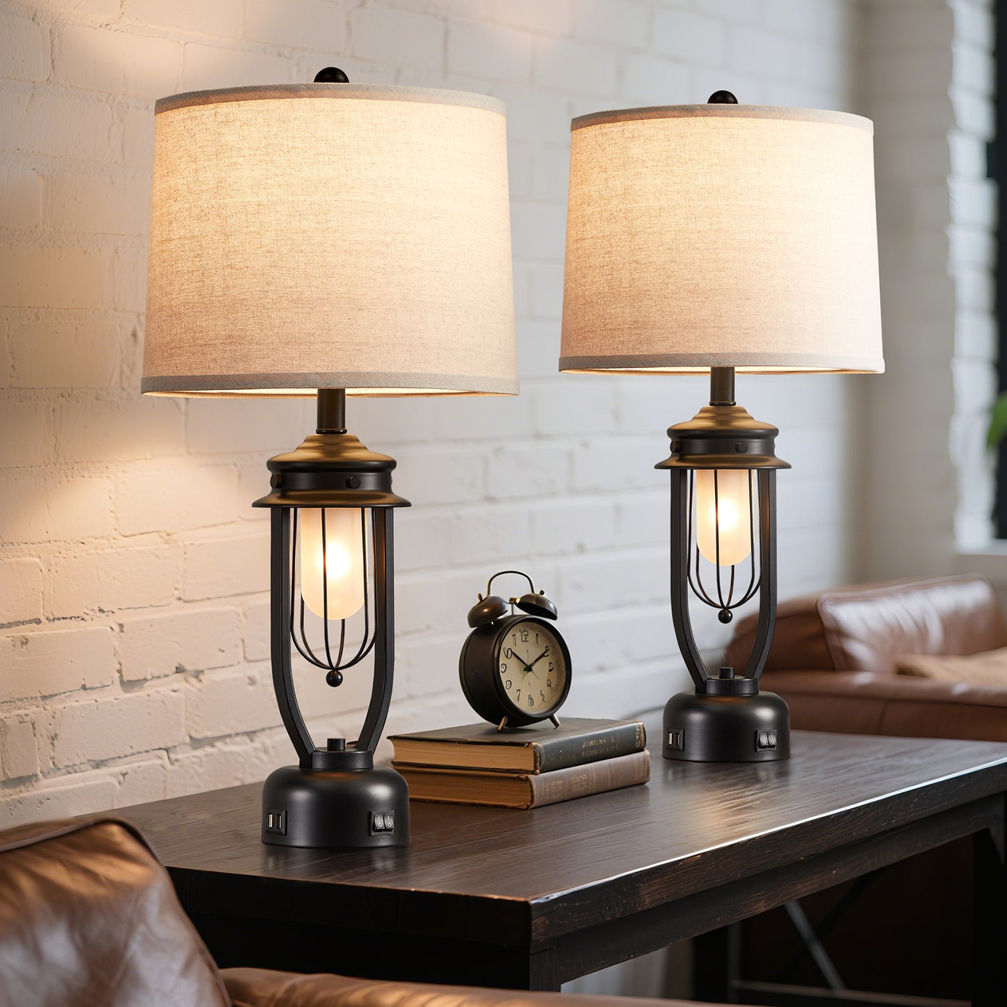 27” FarmhouseTable Lamp Set With Night Light And USB Ports (Set of 2)