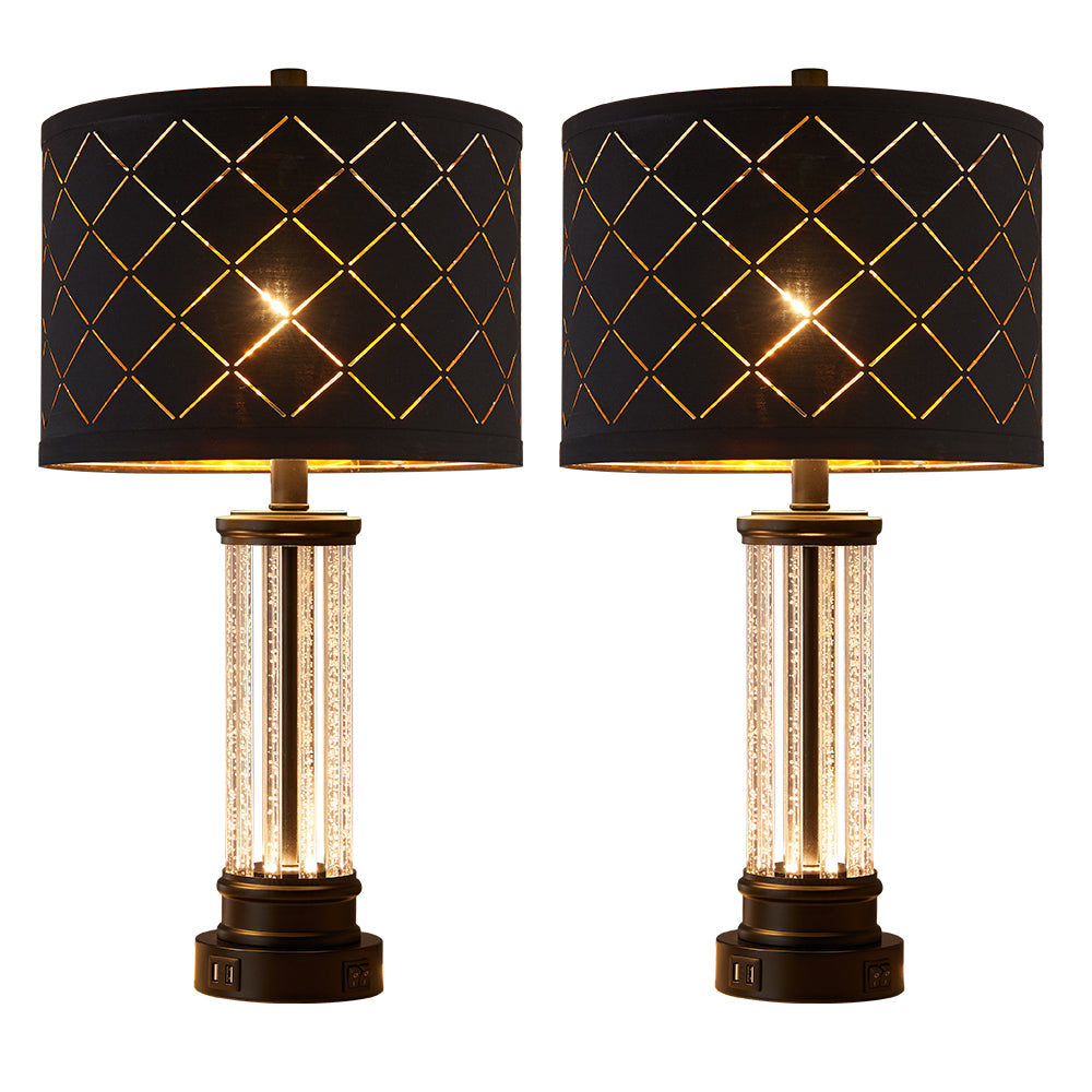 2Pc Diving Crystal Table Lamps w. Night Light & USB, Black Metal+Glass, Black Grid Lampshade