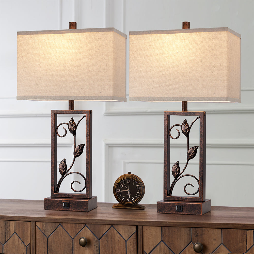 2Pc Folia Sculptural Table Lamps w. USB, Bronze Metal, White Lampshade