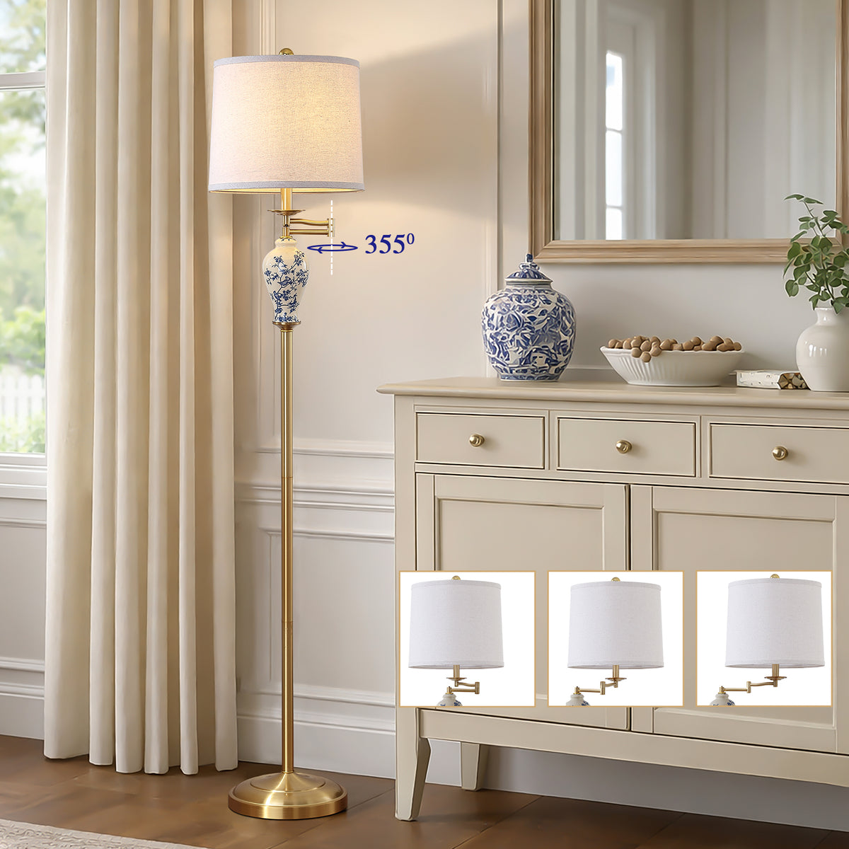 JUJUYUYOP 63" Floor lamp for the living room, with a 355° adjustable swivel arm and a linen shade; suitable for bedrooms, offices, and home offices (bulb included)