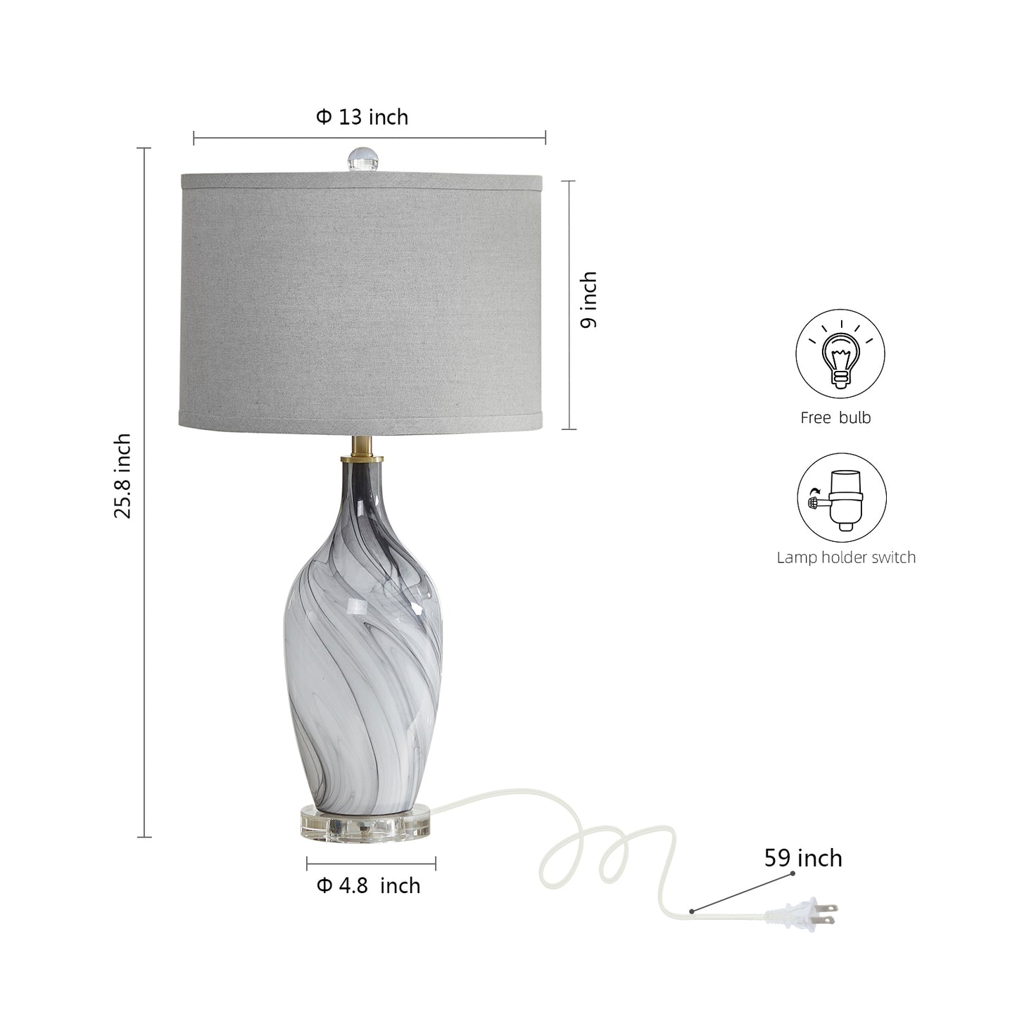 25.8"silky Gray Glass Table Lamp With Crystal Base (set Of 2)