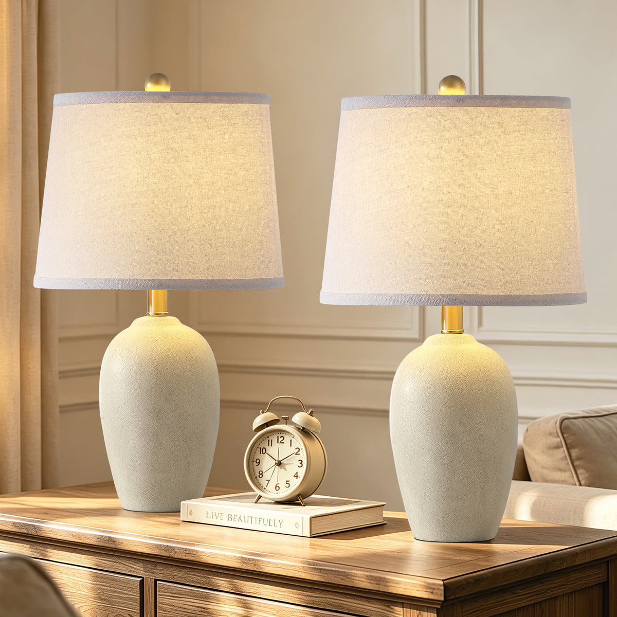 JUJUYUYOP 21" Ceramic Table Lamps Set of 2, for Living Room and Bedrooms， Modern-Style Bedside Table Lamps with Linen Lampshades and Bulbs Included