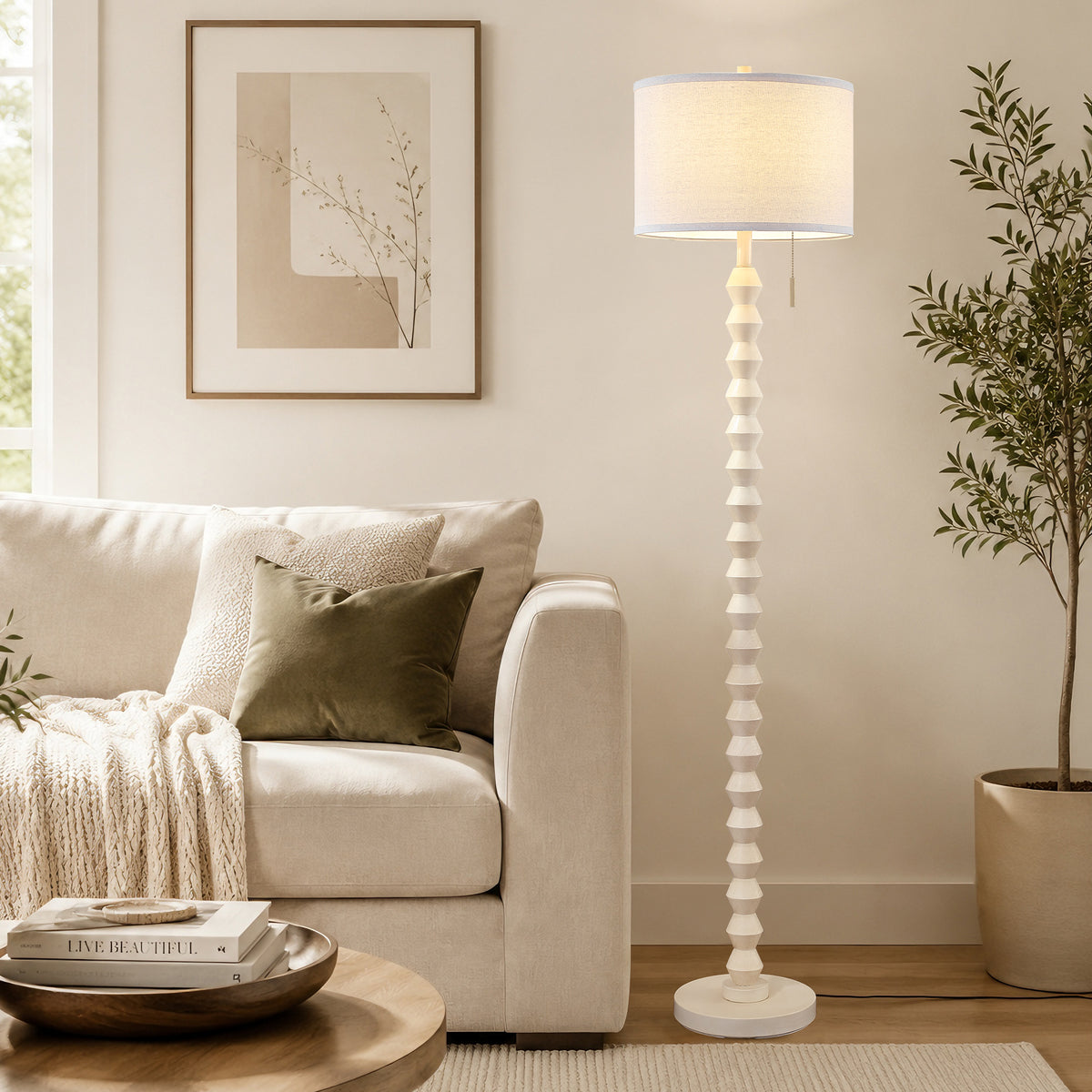 RORIA White Solid Wood Floor Lamp, 65” Modern-Style Standing Lamp, Featuring a Round Linen Shade and a Zip-Pull Switch, for Living Room, Bedrooms, and Offices.