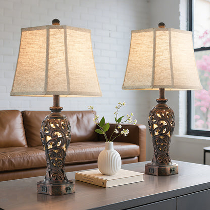 27" Farmhouse Table Lamp Set with USB for Bedroo m or Living Room (Set of 2)
