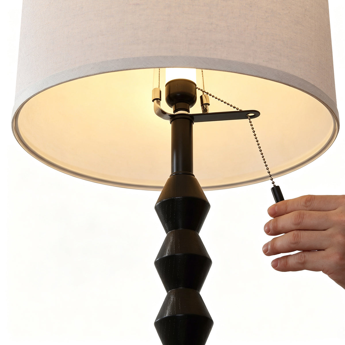 RORIA 65”Black Solid Wood Floor Lamp, with a Round Linen Shade and Pull Cord Switch,modern Standing Lamp,for Living Room, Bedrooms, and Offices（bulb included）