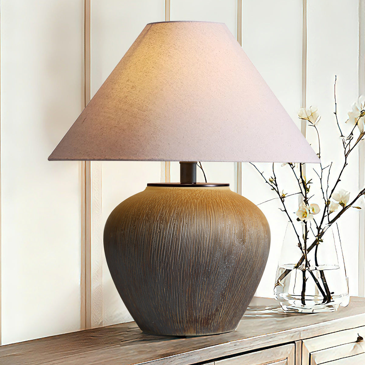 Rustic Earthenware Table Lamp with Vertical Texture, Linen Shade & Bulb Included — Modern Farmhouse Accent Light for Living Room or Bedroom