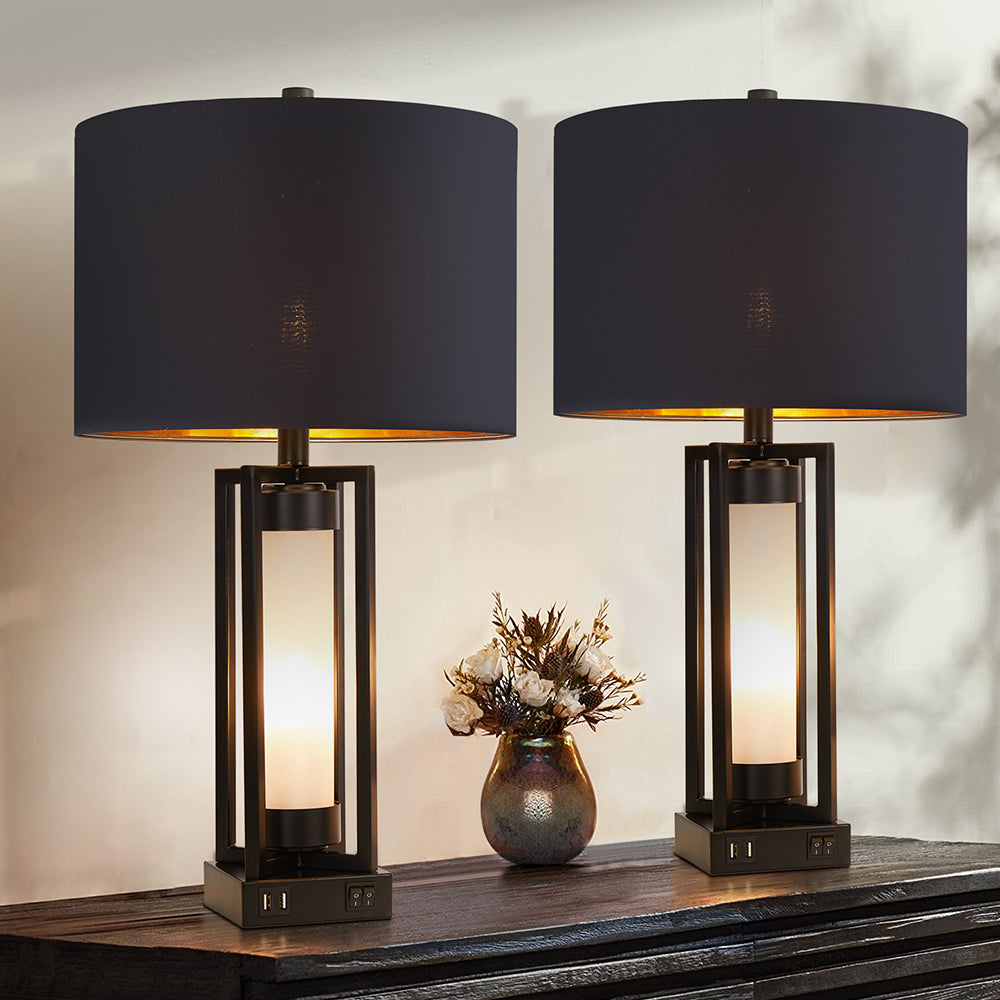 2Pc Dover Castle Table Lamps w. Night Light & USB, Black Metal+Glass, Black Lampshade