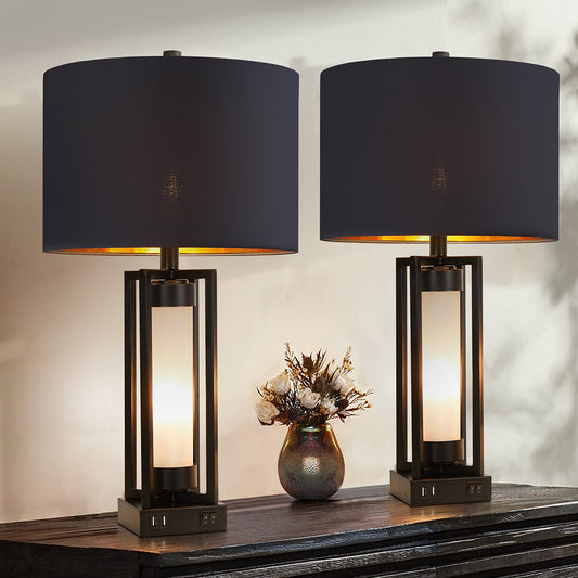 2Pc Dover Castle Table Lamps w. Night Light & USB, Black Metal+Glass, Black Lampshade