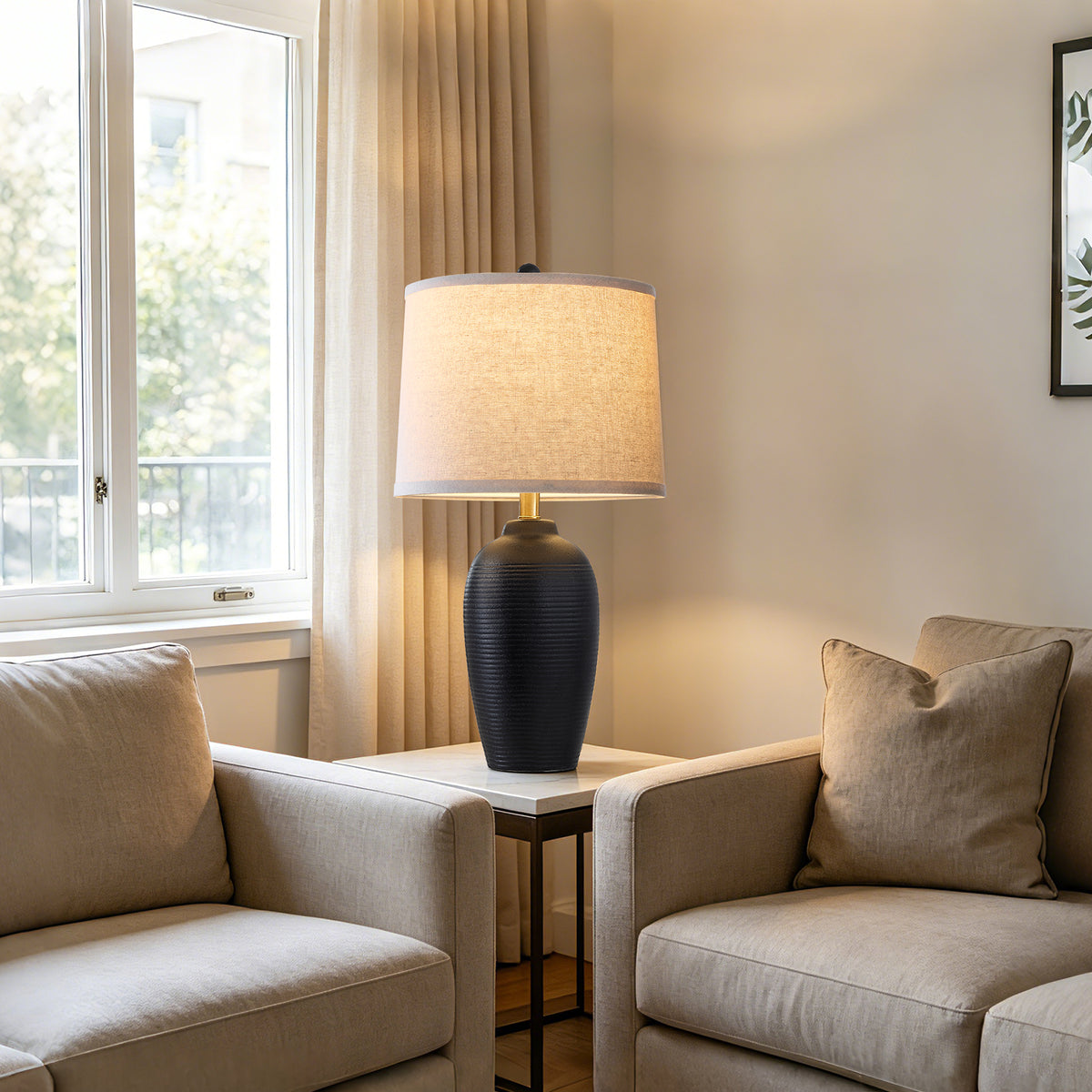 RORIA 25" Black Ceramic Table Lamps Set of 2, Modern-Style Bedside Lamps with Round Linen Shades, for Bedrooms and Living Room.