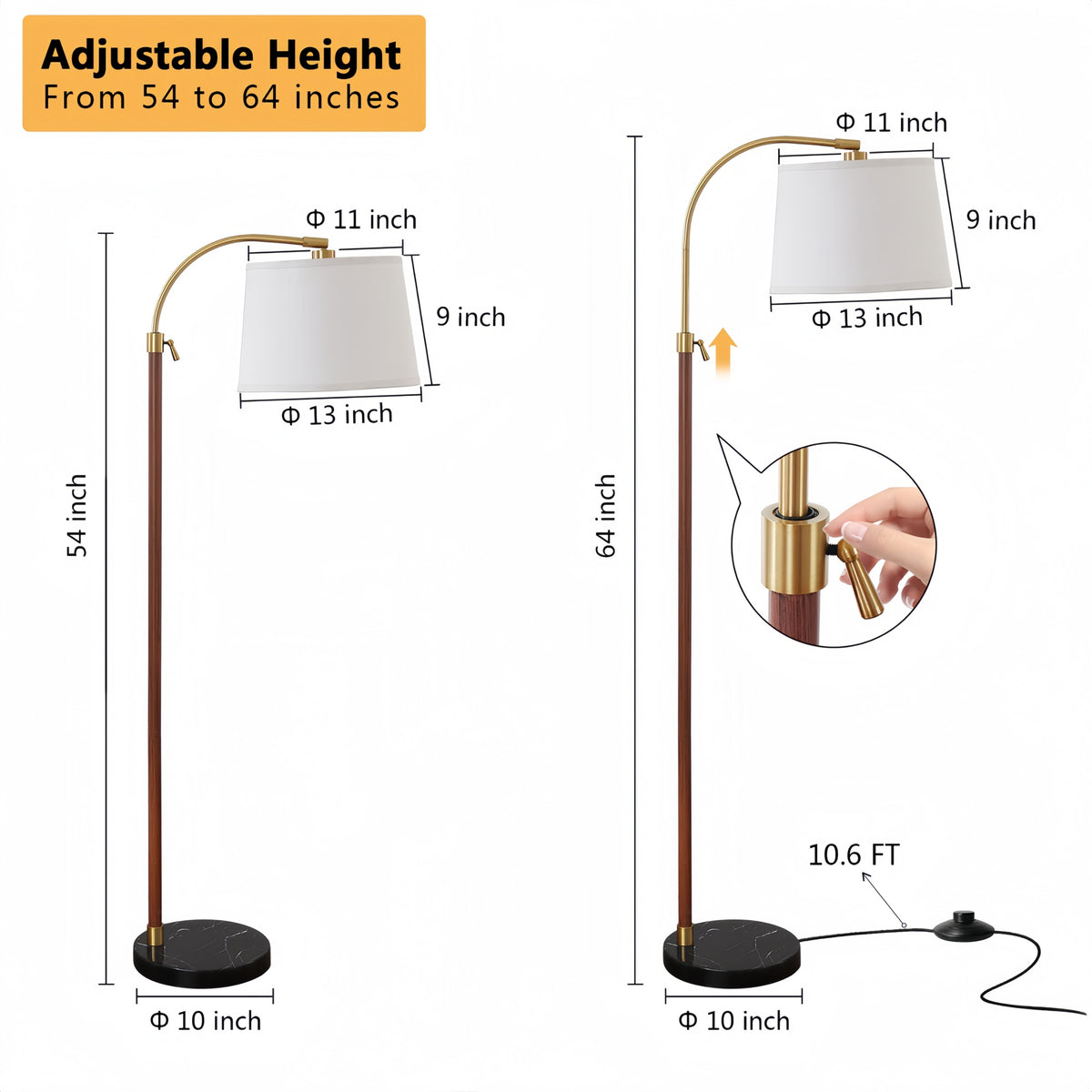RORIA 64” Modern Floor Lamp, Height Adjustable Curved Standing Lamp,for Bedrooms, Living Room, and Offices (Bulb Included)